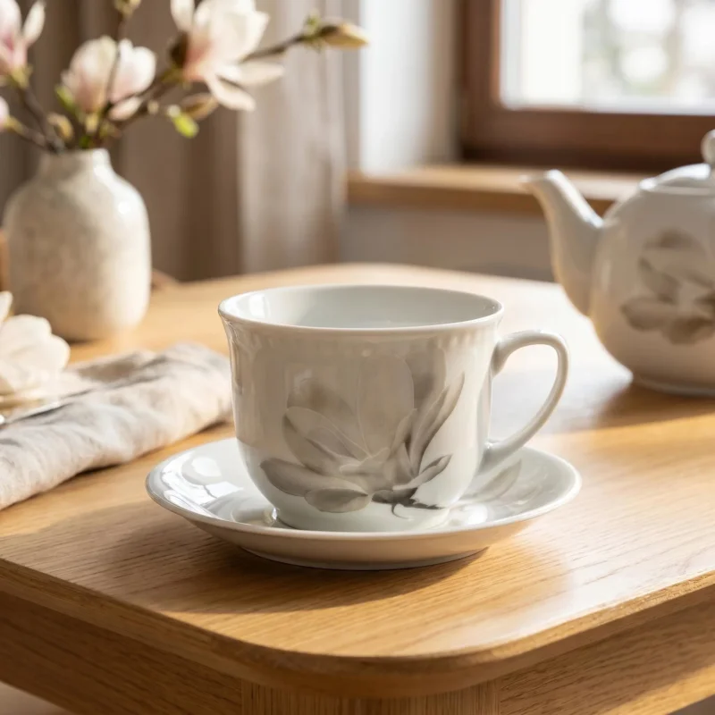 Filiżanka do kawy i herbaty porcelanowa ze spodkiem LUBIANA MAGNOLIA BIAŁA 350 ml Nowość