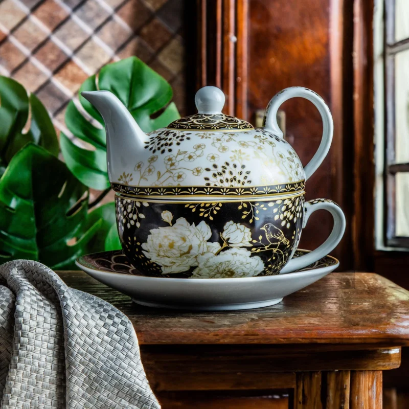 Dzbanek do herbaty i kawy porcelanowy z filiżanką i spodkiem EASY LIFE ART DECO AND FLOWERS 0,35 l Rabat
