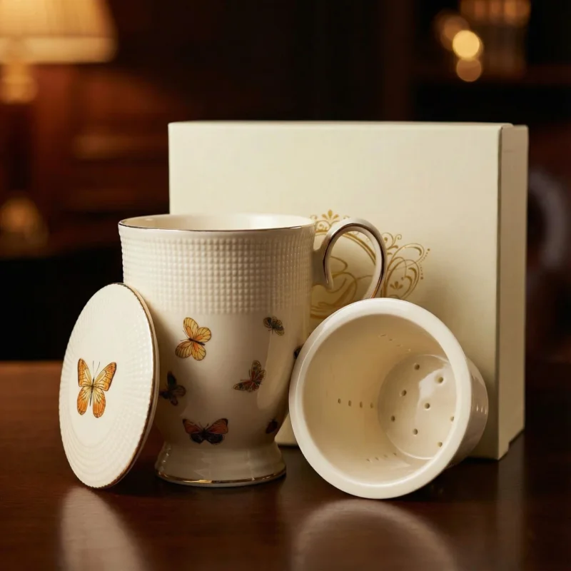 Tani Kubek porcelanowy z zaparzaczem i pokrywką DUO ECRU MOTYLKI 400 ml